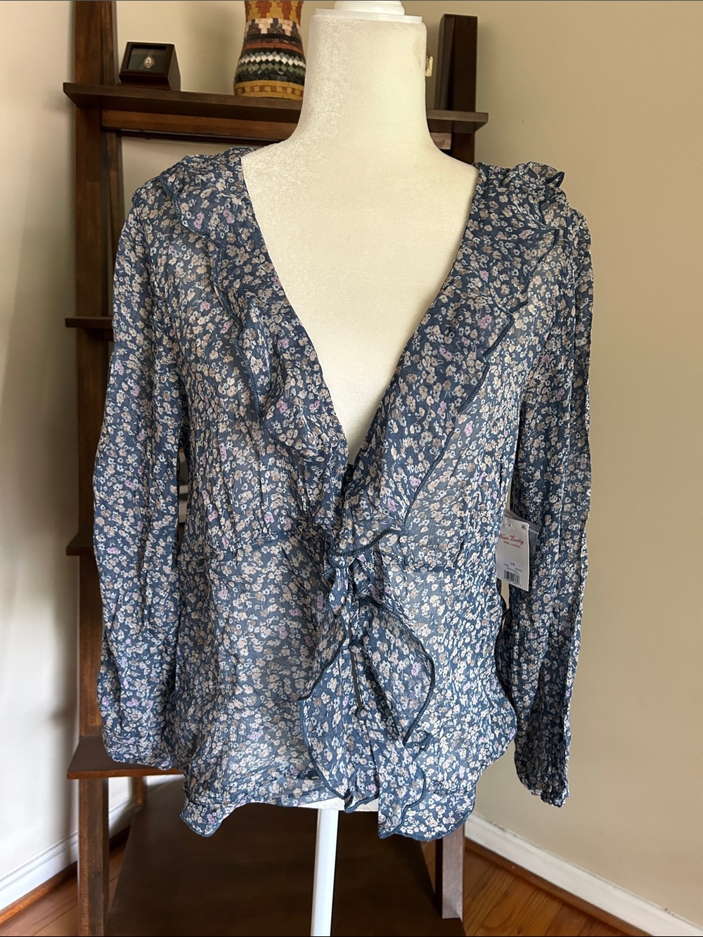 Lucky Brand Navy Floral Ruffle V-Neck Blouse